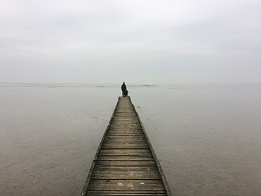 Schüler im Rollstuhl auf dem Steg auf's Meer blickend